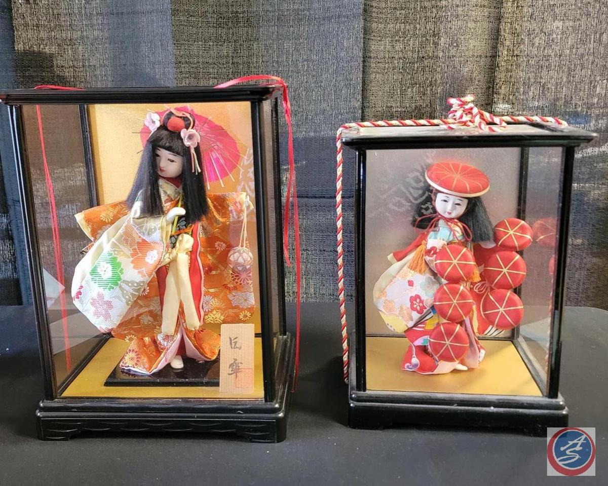 (1) Vintage Japanese Geisha Doll in Glass Case, (1) Miniature Japanese Geisha Doll Figurine In Glass