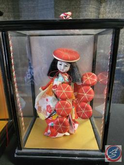 (1) Vintage Japanese Geisha Doll in Glass Case, (1) Miniature Japanese Geisha Doll Figurine In Glass