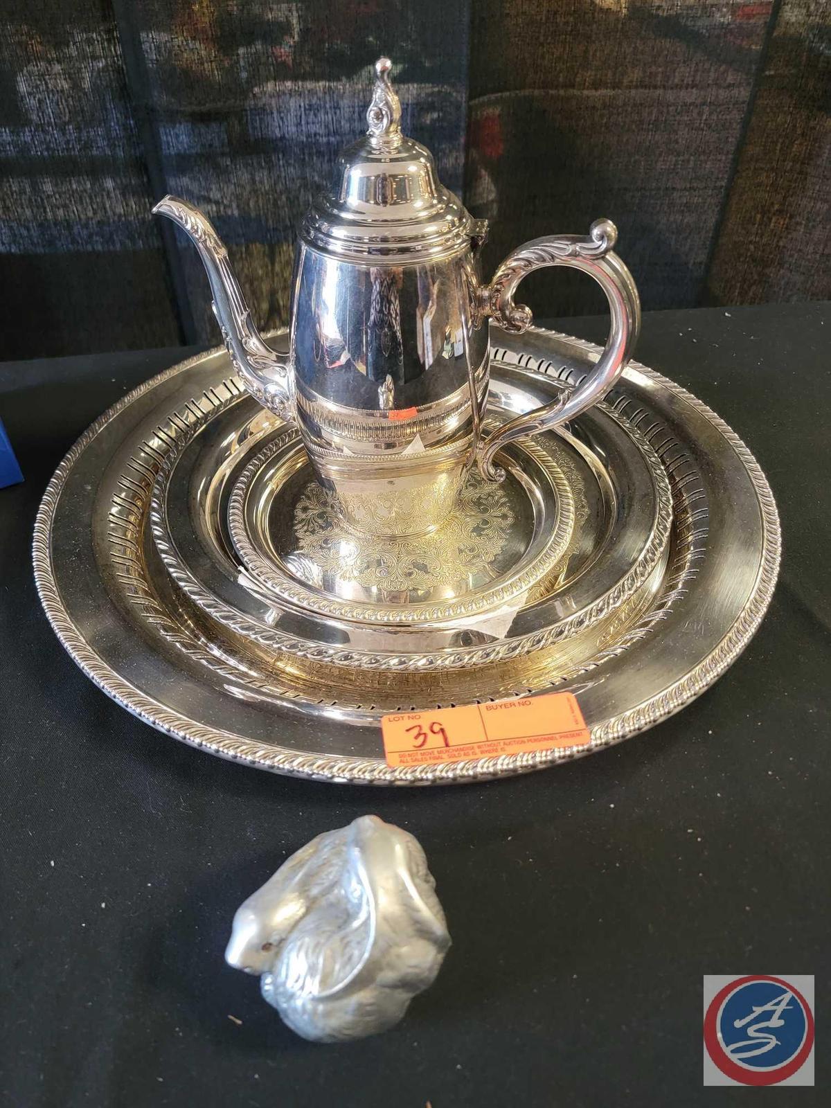 (1) Sliver Tea Pot by WM A Rogers , (3) Sheridan...Silver plated platters , (1) Snuggling rabbits