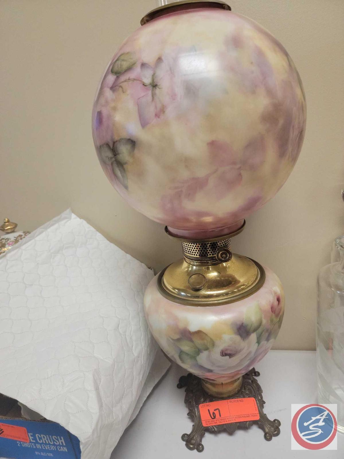 (1) Antique Oil Lamp Hand Painted.