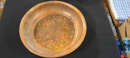 (1) Copper Tray , (2) Antique Copper Colander, (1) Sold Copper Authentic Stoneware Warmer by