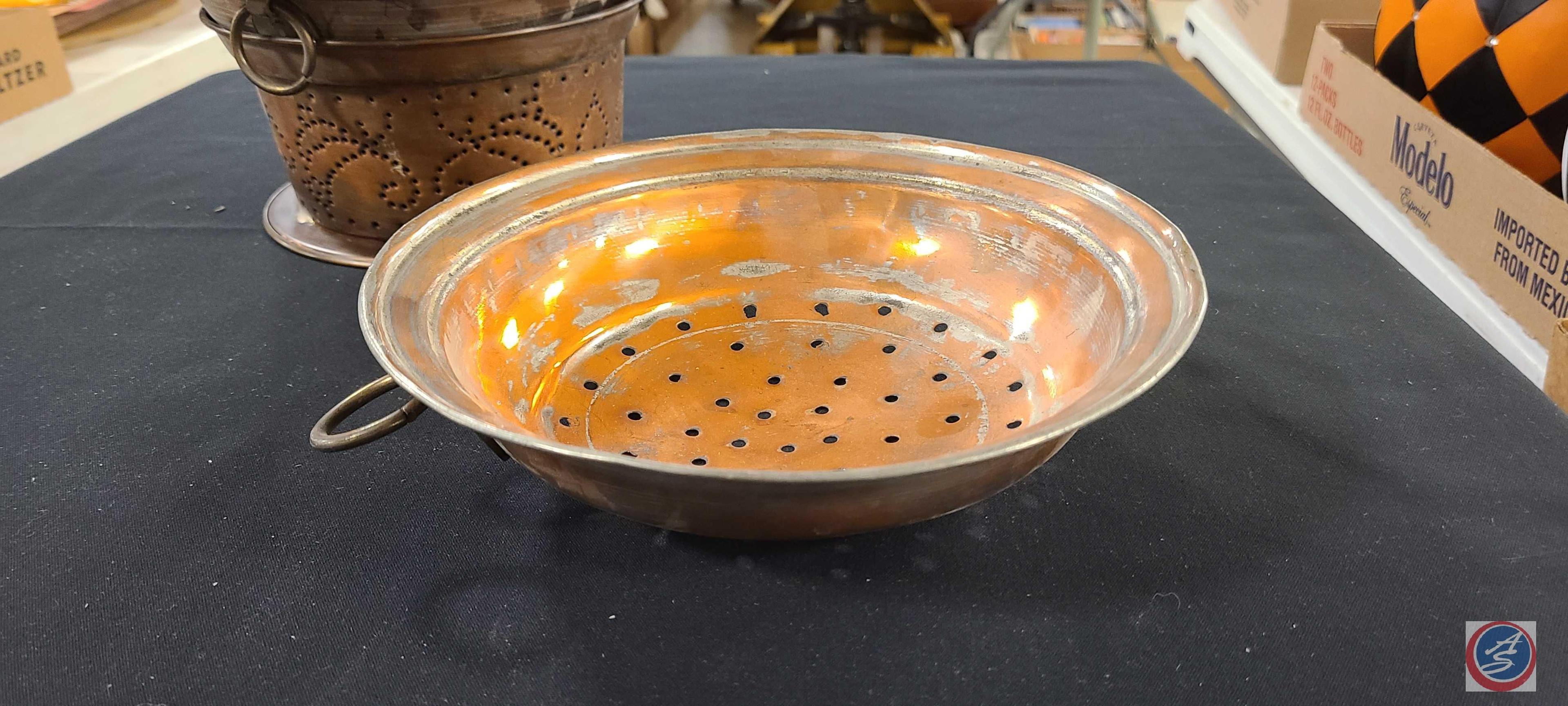 (1) Copper Tray , (2) Antique Copper Colander, (1) Sold Copper Authentic Stoneware Warmer by