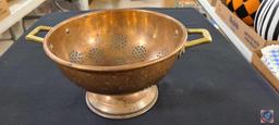 Copper Colander, Stainer, Engraved Flask.