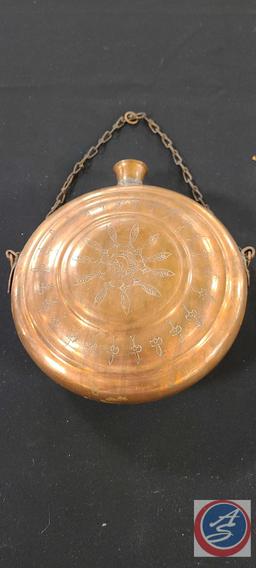 Copper Colander, Stainer, Engraved Flask.