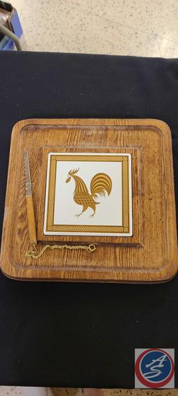 (1)...Vintage Wood Cheese/Bread Serving Board White Gold Rooster Tile Georges Briard, (1) Heart Chal