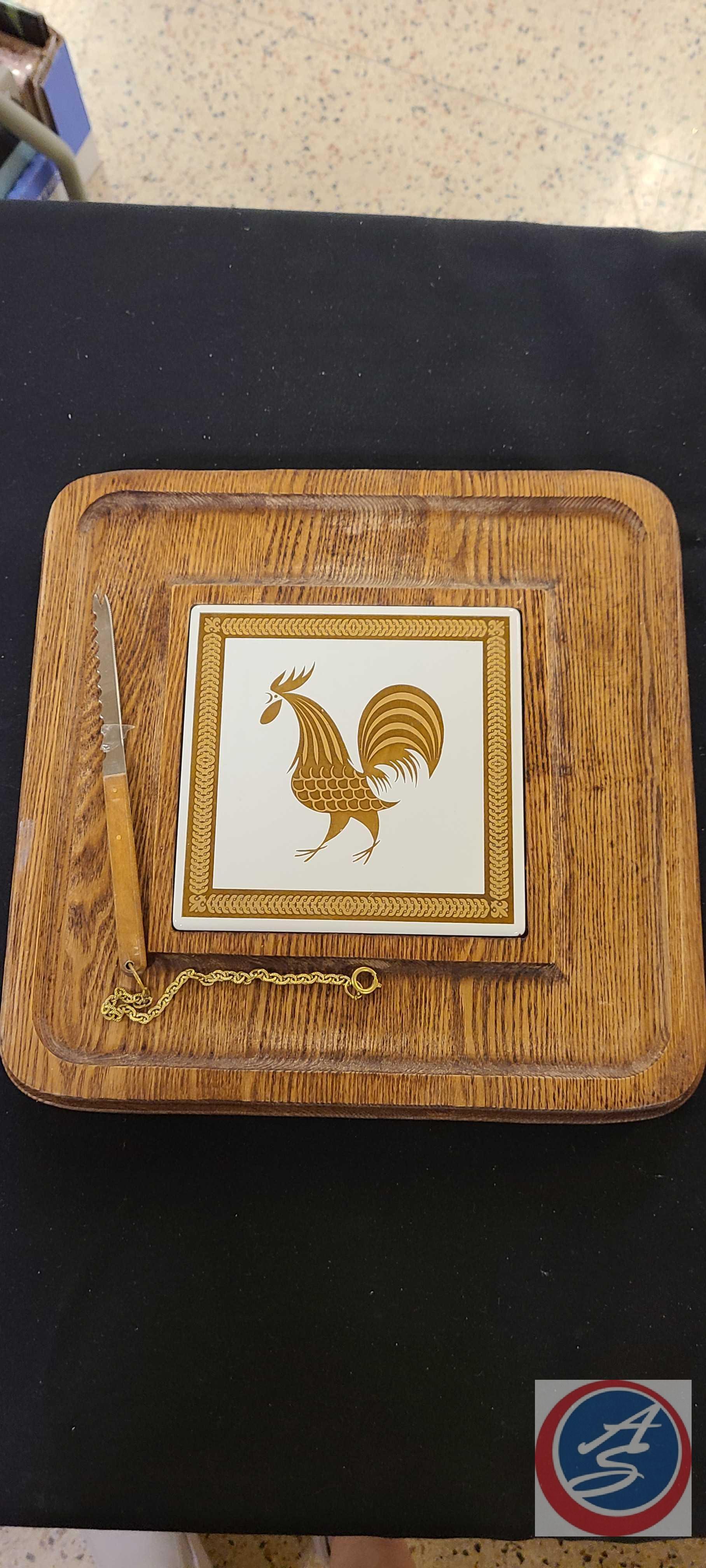 (1)...Vintage Wood Cheese/Bread Serving Board White Gold Rooster Tile Georges Briard, (1) Heart Chal