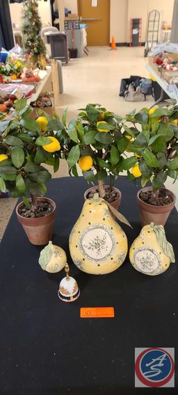 (1) Flat of Jeanell's Art Gallery pictures, (3) Lemon Trees in pots, Porcelain Bell, (2) Ceramic