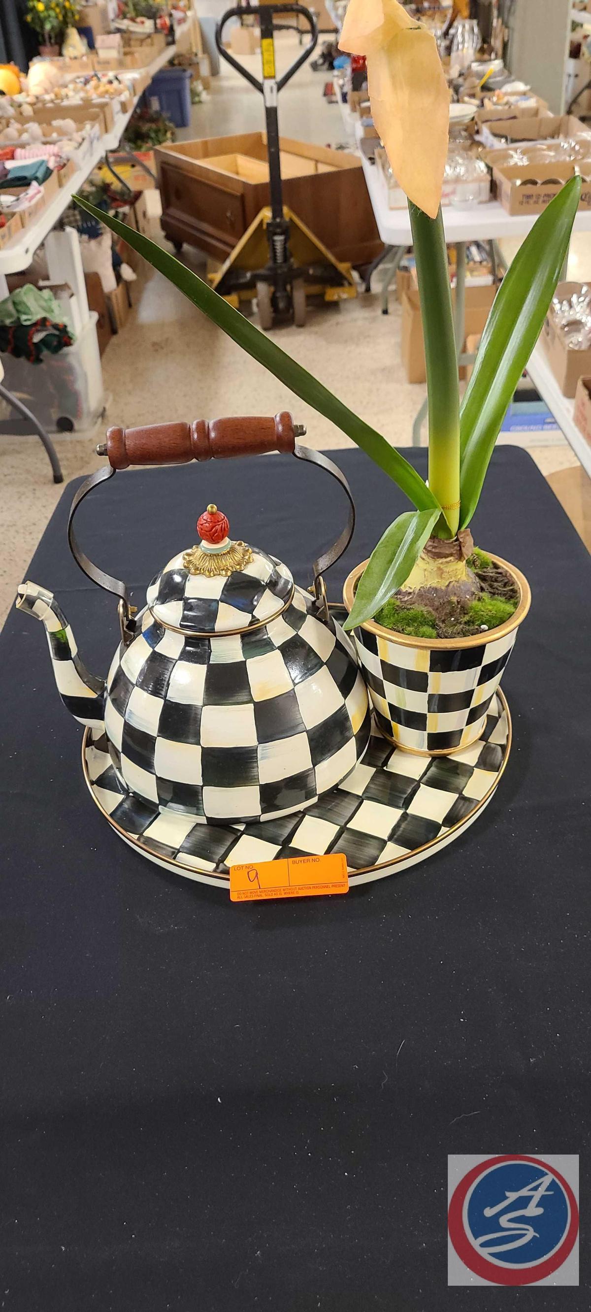 (1) MacKenzie-Childs Plate,...MacKenzie-Childs Courtly Check 3 Quart Tea Kettle, Planter with Flower