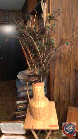 TV Tray , Basket full of Knitting, Straw basket with peacock flowers, Basket full on knitting.