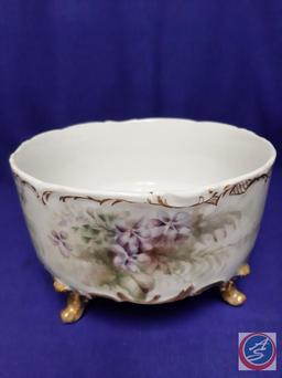 Fruit bowl w/ purple floral design, gold trim. H 5? x 9? W.(Mark: D & C, France) ...