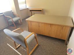 2 Cloth desk chairs, small keyboard desk and 7 drawer heavy desk 60 x 34