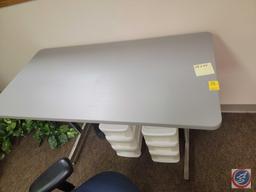 (2) 3 drawer sterile totes, 4 planters, metal table 8ft table and misc office supplies