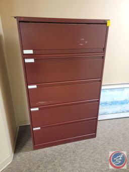 5 drawer tall metal cabinet with key 36 x 62 , (4) large framed pictures 38 x 26, horse 44 x 26,