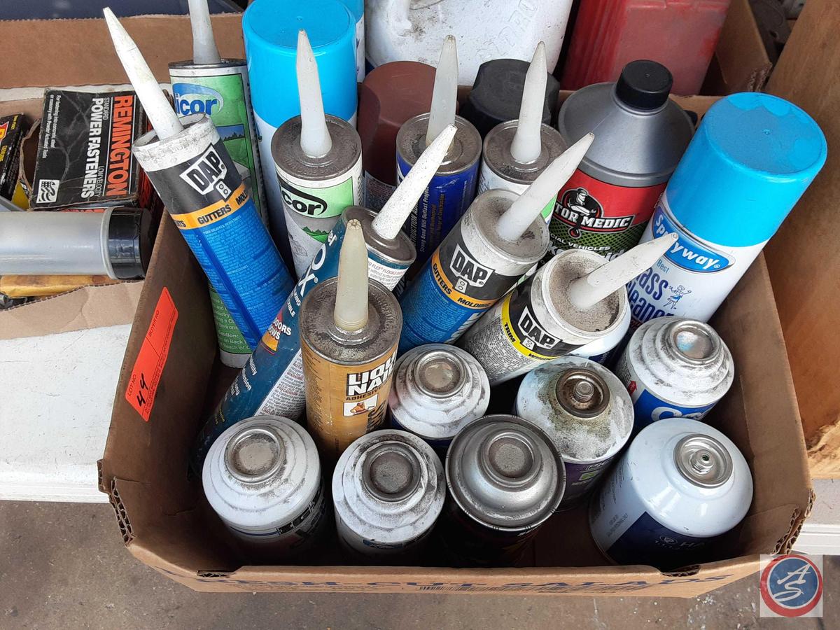 (NO SHIPPING) (1) Box of assorted Items to name a few; Dap Sealant, Liquid Nail, Cooler Refrigerant,