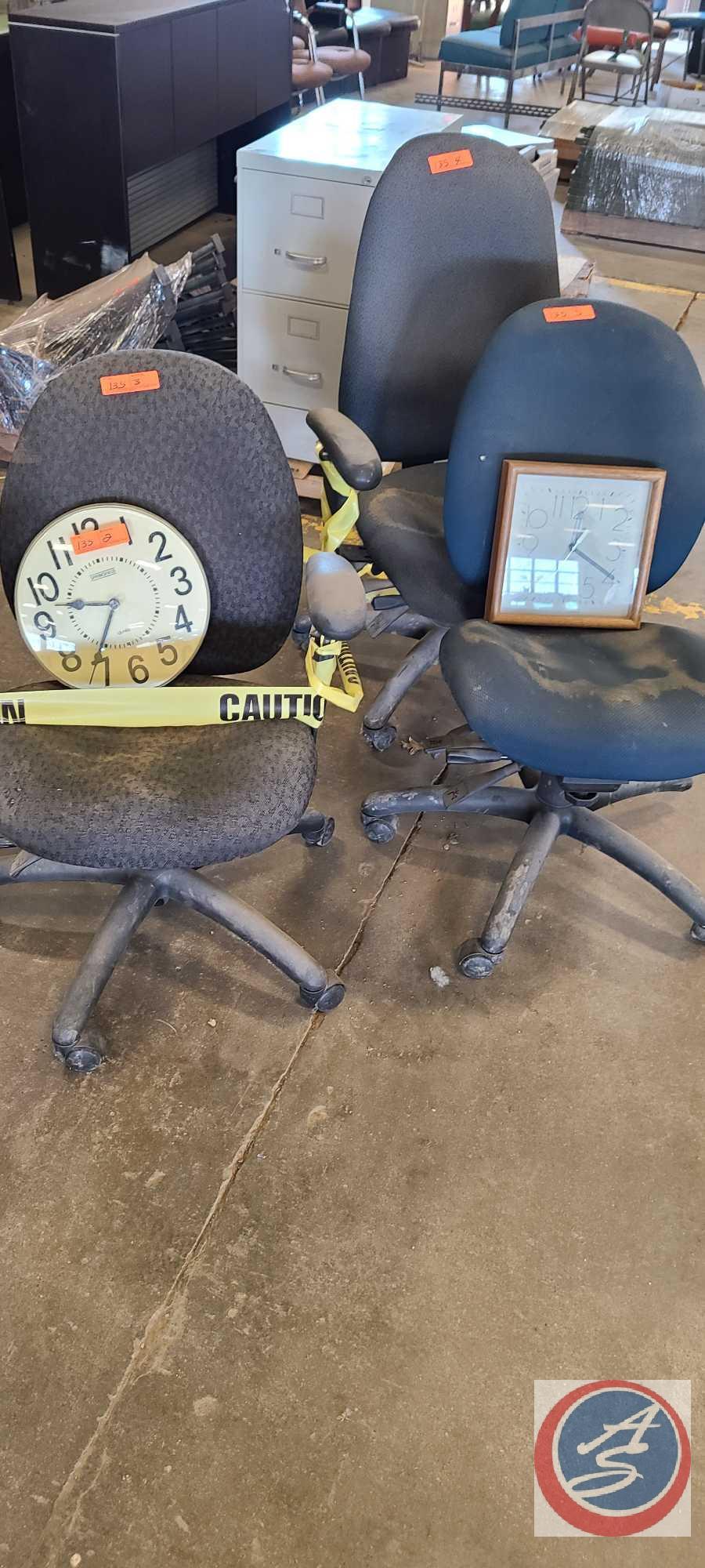 (3) Office Chairs, (2) Wall Clocks.