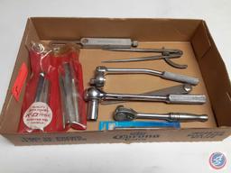 (1) Flat of assorted items; Quality Drip Forged K-D Tools, punches, & Chisels, Vintage Compass