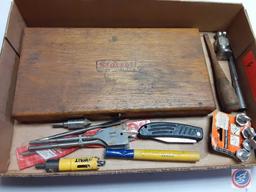 (1) Flat of Assorted Items: The Starrett Micrometer Caliper No.224 Set A, Dewalt Wholesaw, 2 metal