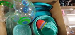 (1) Box of Plastic Jugs, Canisters, Plastic Cup, (1) Box Containing Plastic Decorative Pitcher,