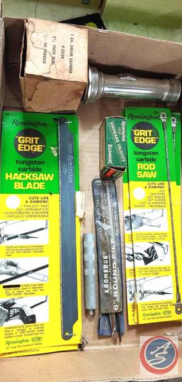 (2) Flats of Assorted Items: Bar Clamps, Work Light, Grit Edge Hacksaw Blades, Dromedce 6" Round