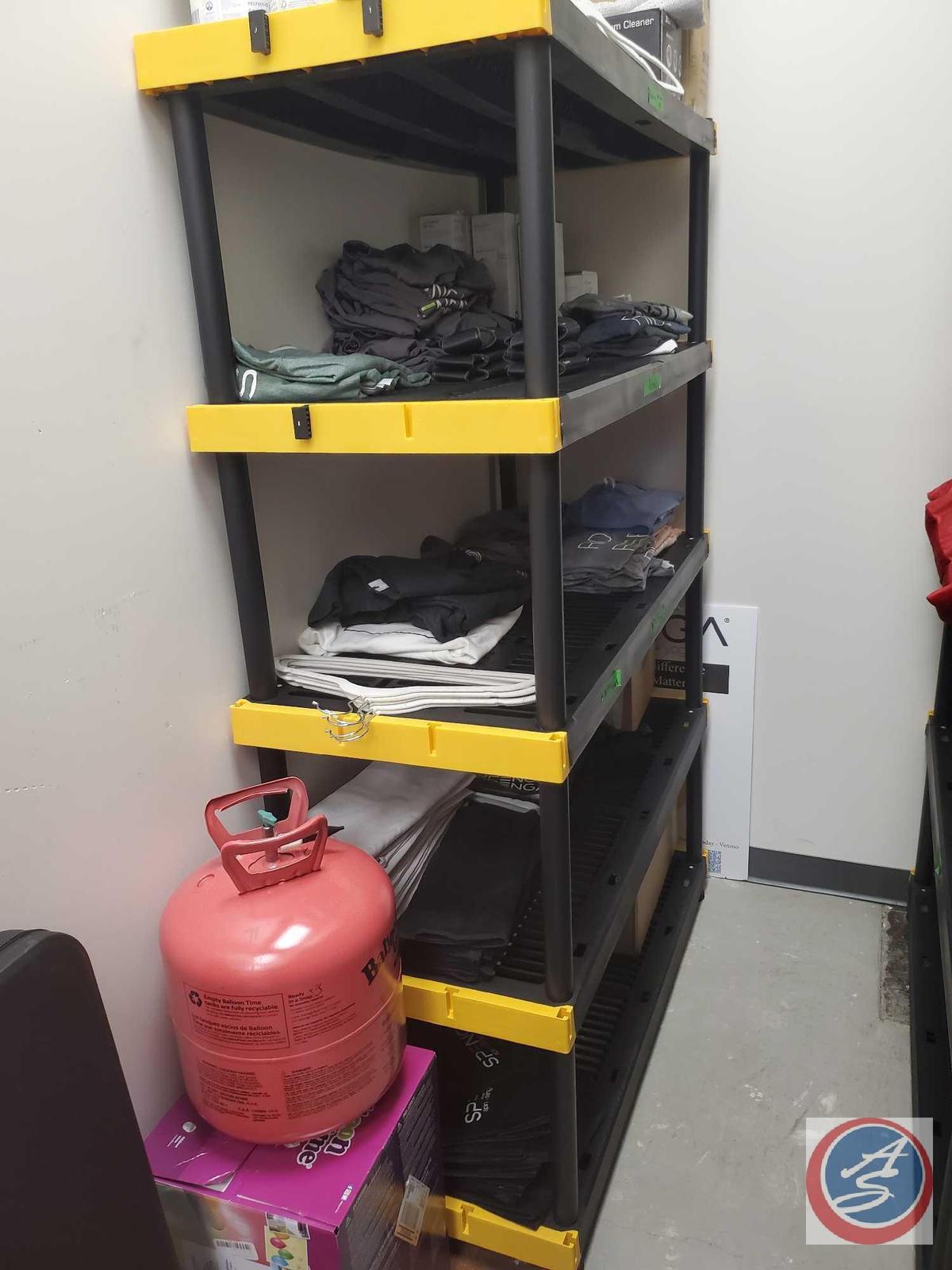 Black and yellow resin shelving. There are 5 shelves and there appears to be anchor points on each