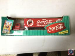 Coca-Cola Christmas caravan tractor trailer 164 scale, Coca-Cola diecast metal bank tractor trailer,