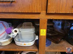 Glass casserole dish, glass bowl with lid, bread pans, Pyrex casserole dish, Corningware