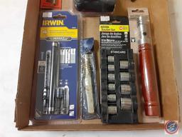 (1) Snap-on Socket Set w/ short extensions, (1) Flat Slime Tire Inflator, Stanley Socket Set, Irwin