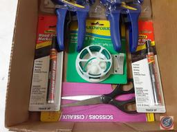 (1) Flat Irwin Quick Grip Clamps, Wood Stain Markers, Twistee Ties, Scissors - (1) Flat Greenlee