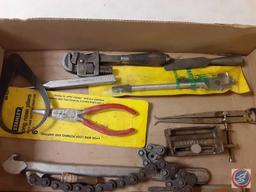 (1) Flat Assortment of Hand Tools, Pliers, Chisels, Punch, Pipe Wrench