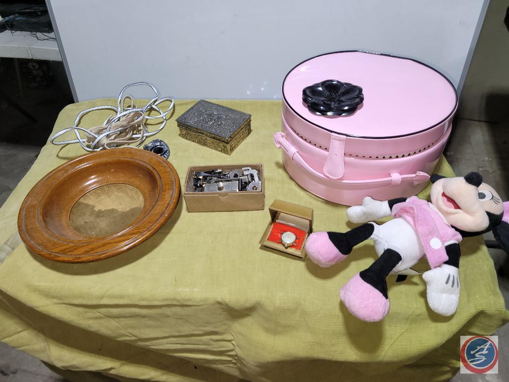 Pink hat box, Mini Mouse and vintage ladies watch