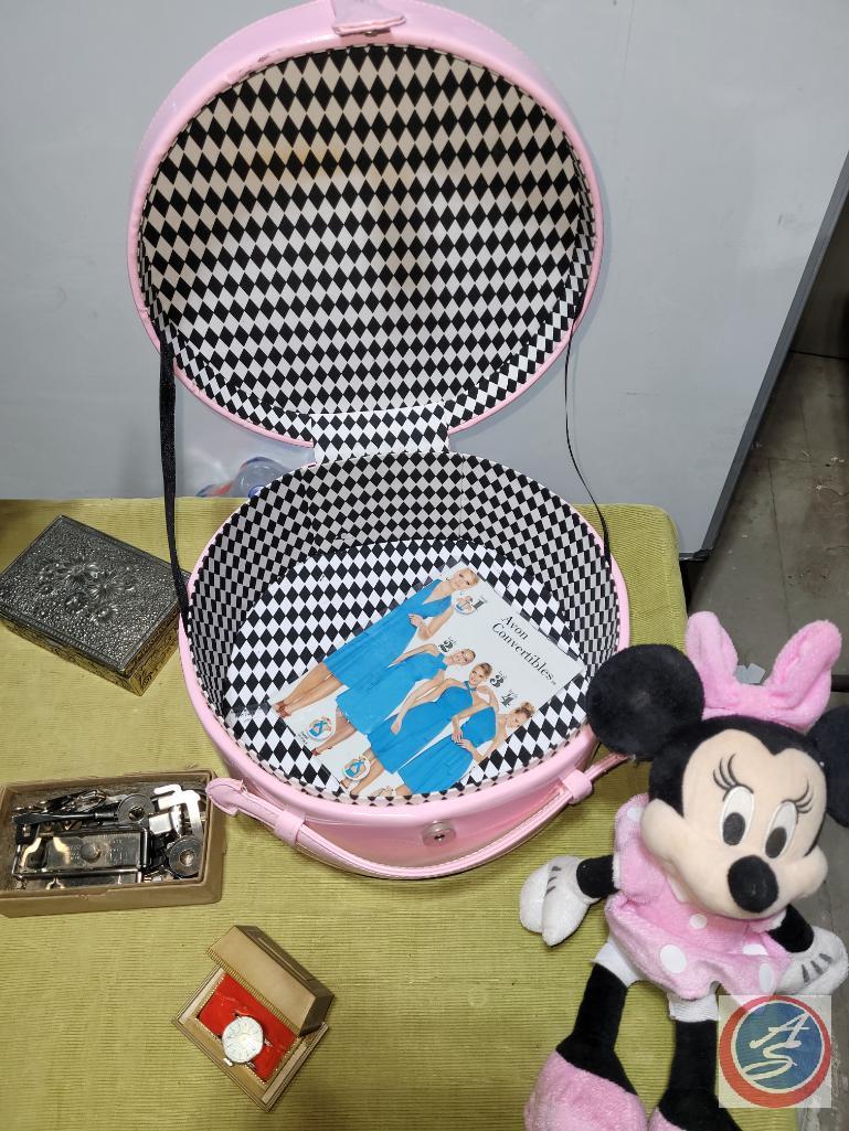 Pink hat box, Mini Mouse and vintage ladies watch