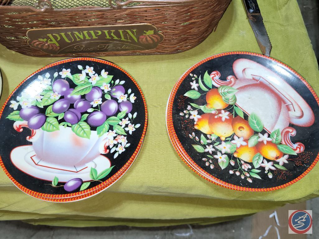 Assorted plates and basket