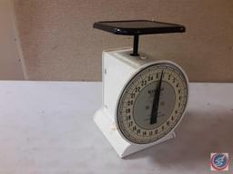 (1) Vintage Hanson utility scale cap. 25lbs.,... (1) Vintage coffee grinder, (1) Pottery cast iron