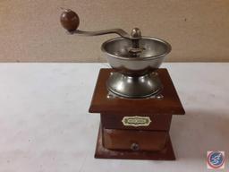 (1) Vintage Hanson utility scale cap. 25lbs.,... (1) Vintage coffee grinder, (1) Pottery cast iron