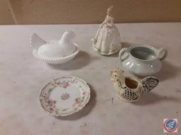 Assortment of saucer, Marquis sugar bowl, chicken covered bowl, vintage chicken creamer ...