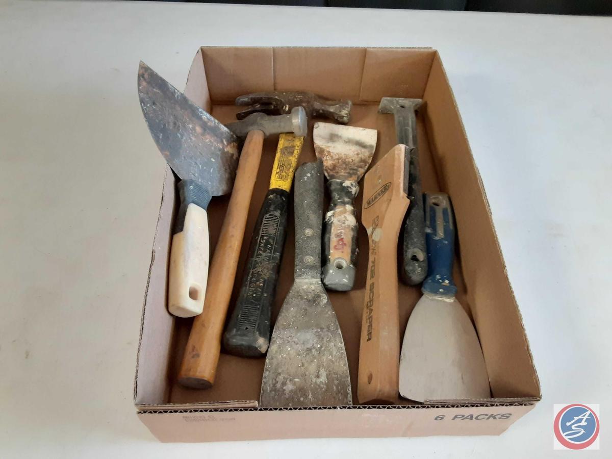 (1) Flat of assorted putty knives, scrapers and hammers