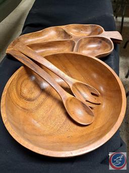 Wood Salad bowl, relish tray, and spoons