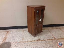 Wood Cabinet on wheels with 2 doors on top with glass, 2 solid doors on bottom approx measurements