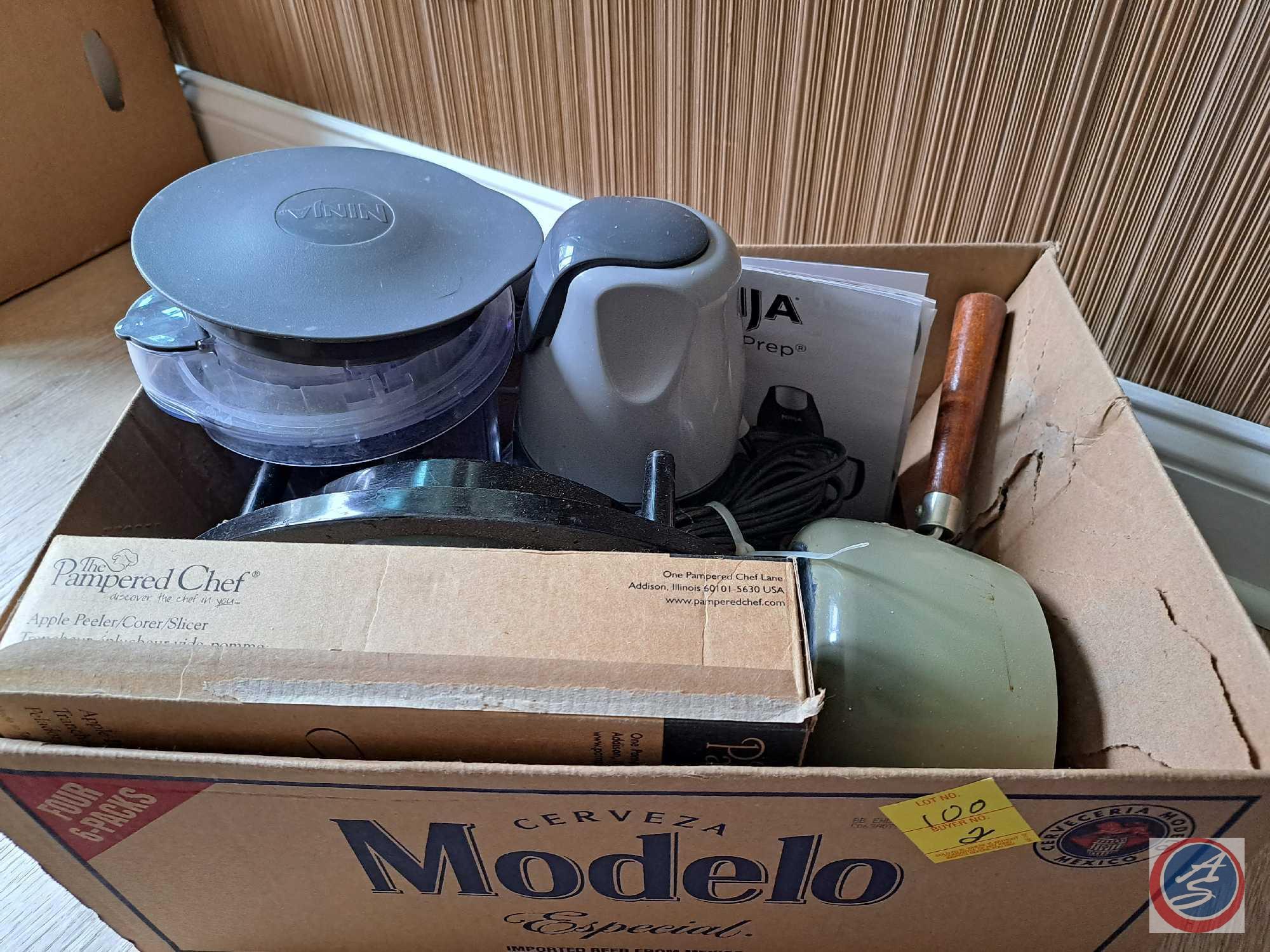 Box full of Kitchen plastic Containers.Box full of Kitchen Stuff, Apple Peeler Corer, Ninja , Crock