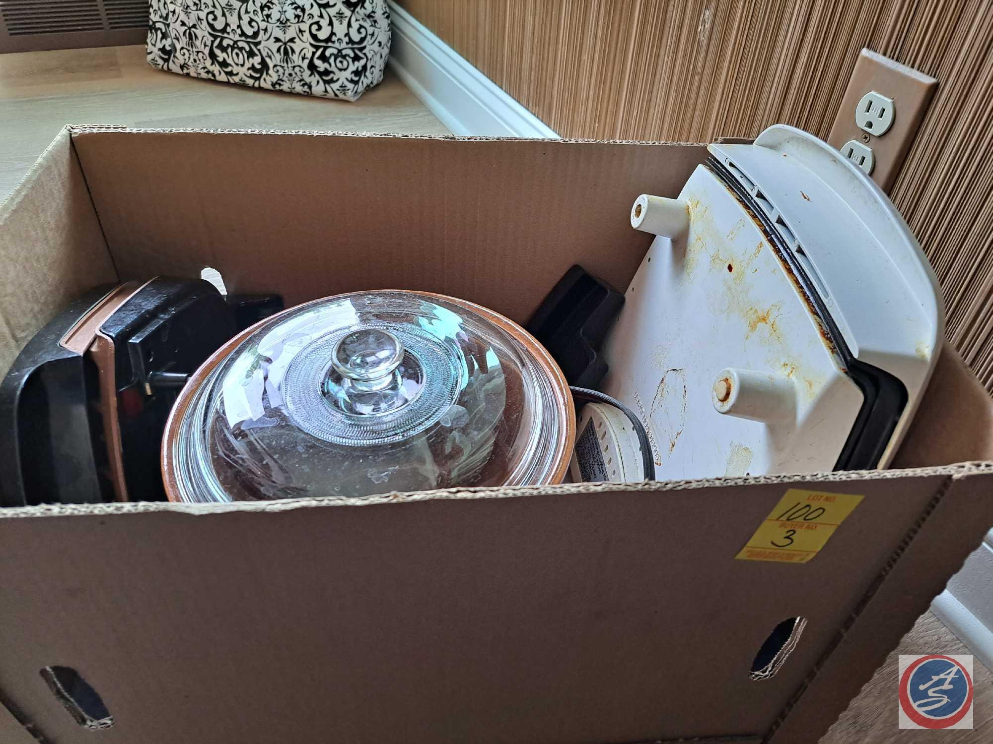 Box full of Kitchen plastic Containers.Box full of Kitchen Stuff, Apple Peeler Corer, Ninja , Crock