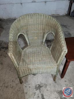 small corner table and wicker chair