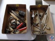 (2) Flats of miscellaneous tools, oil filter wrenches vacuum pump wire brush a C-clamp carburetor