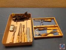 Vintage Wood Chisels (some in wooden box), Vintage Wood plane, Vintage... Fold Ruler