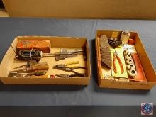 Electric soldering iron, LYMAN 310 Reloading tool with dies, Vintage screwdrivers, Hand brush,