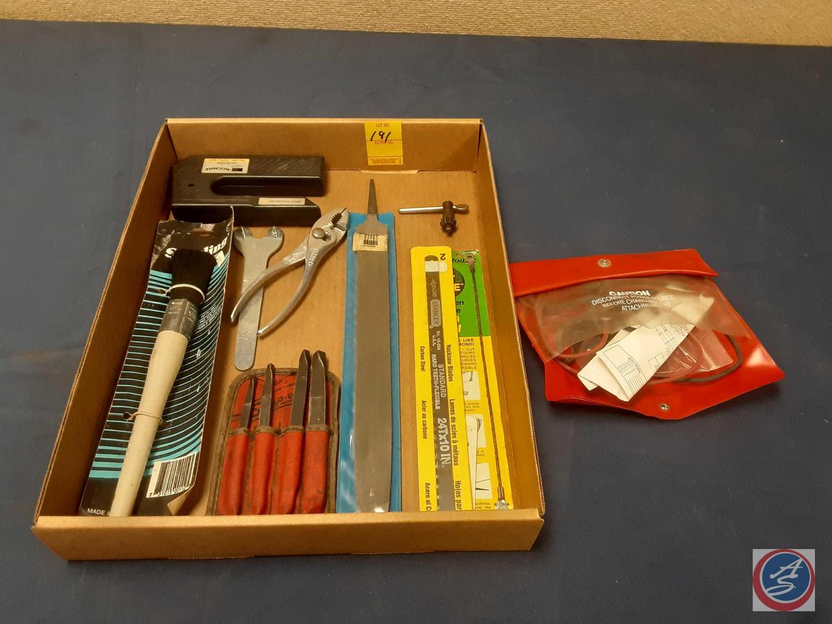 SnapOn...Extractor Tapered Bit Set, Metal File, Hack Saw Blades, Brush, Pliers......