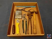Vintage Fencing Pliers, Vintage Hammer, Hack Saw Blades, Black & Decker Drill Bit Set, Box Opener,