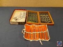 Irwin Auger Bits in Wooden Box, Baltimore Master Pin Punch Set No. 913 in Pouch