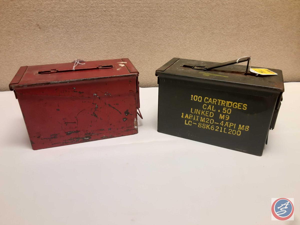 (1) Military Metal Ammo Box Marked 100 Cartridges Cal .50 Linked M9 (Empty), (1) Military Metal Ammo