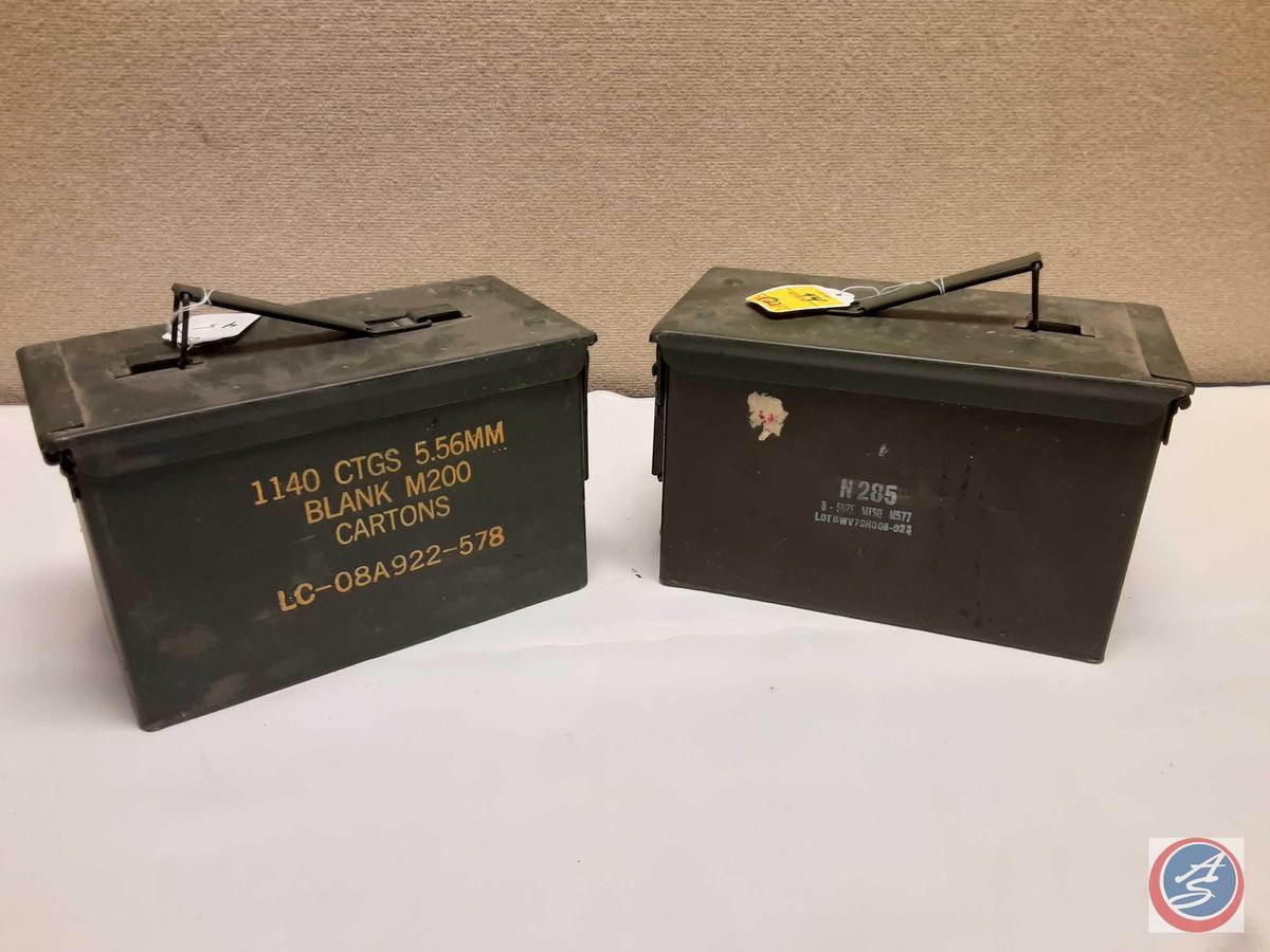 (1) Military Metal Ammo Box Marked 140 CTGS...5.56MM Blank M200 Cartons (Empty),...(1) Military Meta