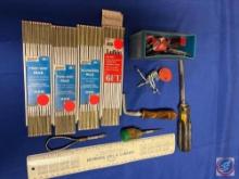 Vintage Folding Rulers, Advertising Ruler, Wooden Gate Latch and Eye Screws in Plastic Container,